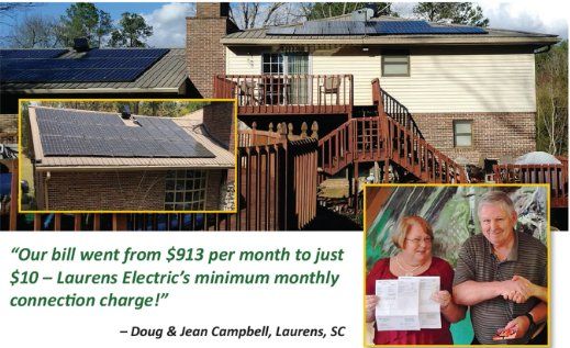 Customer photo: a home with rooftop solar panels, and a smiling couple holding up an electric bill